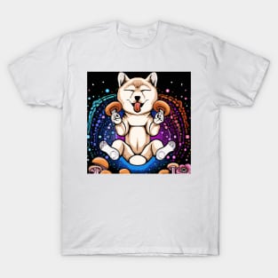 Psychedelic Shibu Inu Eating Shrooms Floating In Space T-Shirt